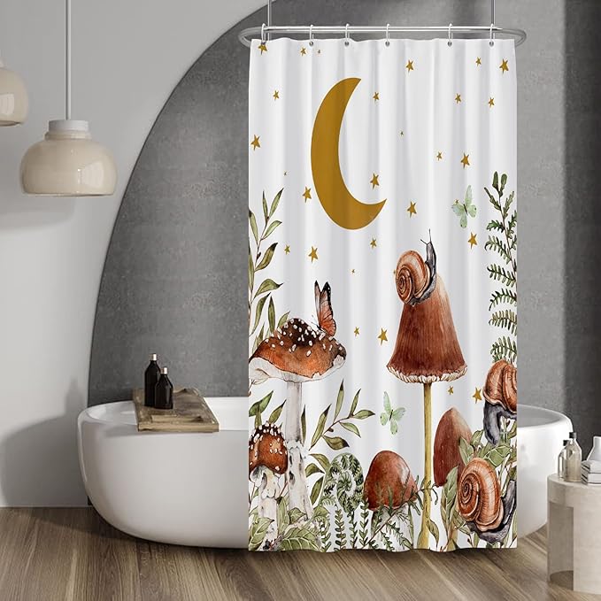 Baocicco Mushroom Shower Curtain Cute Retro Mushrooms Butterfly Snails Botanical Moon Stars Shower Curtains Decorative for Bathroom Waterproof Fabric Shower Curtain with Hooks 36x72 Inches