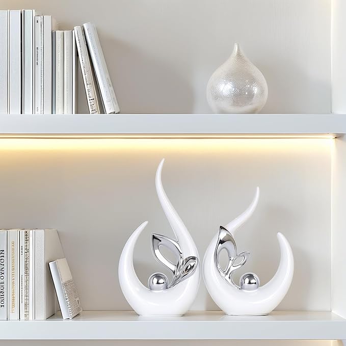 Silver Home Decor Accent,Abstract Ceramic Statue and Sculptures for Living Room,Mid Century Modern Decor for Desktop Bookshelf tv Stand Fireplace Coffee Table Centerpieces Decorations