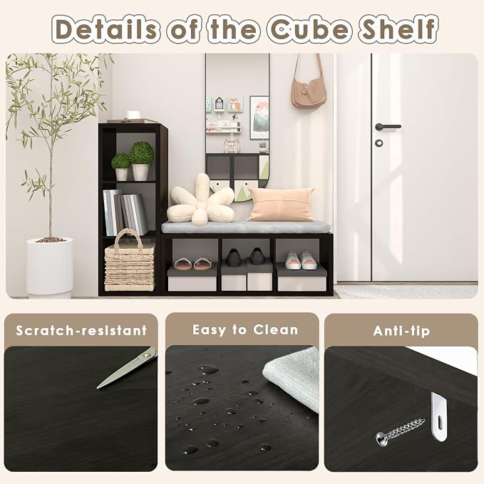 Endearing Limons【2026 Wooden Thick Border 3 Cube Shelf Storage Organizer with Anti-Tipping Kits + Reversible Open Back Bookcase (11 x 11 Unit Cell Chocolate)