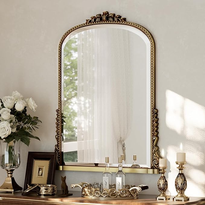 32x24 Beaded Arched Mirror, Bathroom Mirror for Over Sink, Metal Frame Wall Decor for Entryway, Bedroom, Living Room, Gold