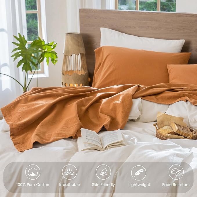 MooMee Bedding Sheet Set 100% Washed Cotton Linen Like Textured Breathable Durable Soft Comfy (Solid Burnt Orange, California King)