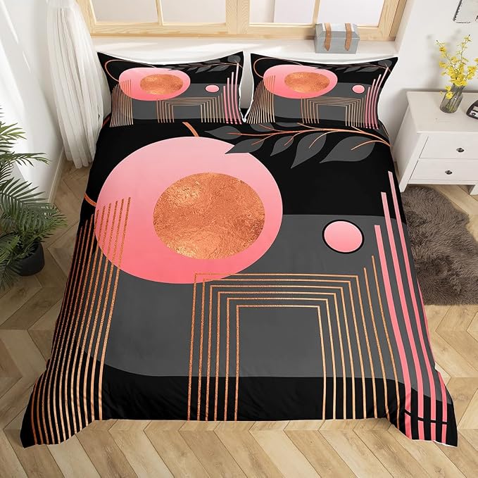 Erosebridal Pink and Black Abstract Boho Duvet Cover King Size Mid Century Modern Comforter Cover Minimalist Aesthetic Neutral Bedding Set Botanical Leaves Simple Bed Set
