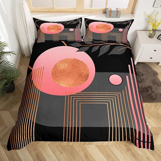 Erosebridal Pink and Black Abstract Boho Duvet Cover Toddler Size Mid Century Modern Comforter Cover Minimalist Aesthetic Neutral Bedding Set Botanical Leaves Simple Bed Set