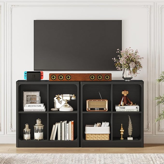 FATORRI 4 Cube Storage Bookcase, Rustic Wood Cube Bookcase Shelf Organizer, Small Storage Bookshelf for Living Room, Bedroom, Office (Black, 29.53" W)