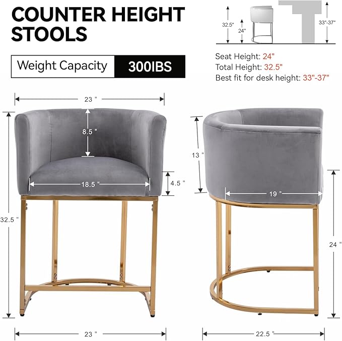 Contemporary Grey Velvet Bar Stools Set of 4, 24" Upholstered Fabric Counter Height Barstools Kitchen Counter Island Stools with Screwed Together Golden Metal Base