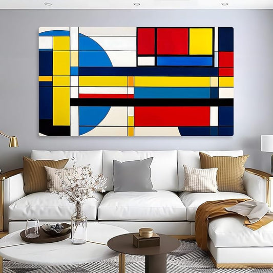 Rumftozyb Abstract Cubism Canvas Wall Art, Blue, Yellow and Red Canvas Print, Geometric Pattern Wall Art, Colorful Poster, Minimalist Wall Decor, Mid Century Modern Home Decor (36"x20" | 92x52cm)
