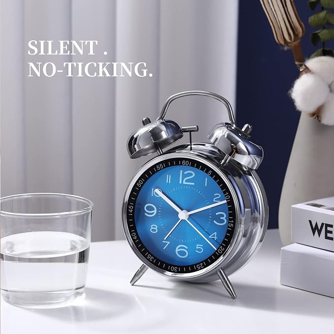 Tetino Super Loud Alarm Clock for Heavy Sleepers,4 inches Twin Bell Alarm Clock with Backlight,Battery Operated,Silent Non Ticking,for Kids,Adults,Bedrooms,Retro Decor Desk Analog Clocks. (Blue)