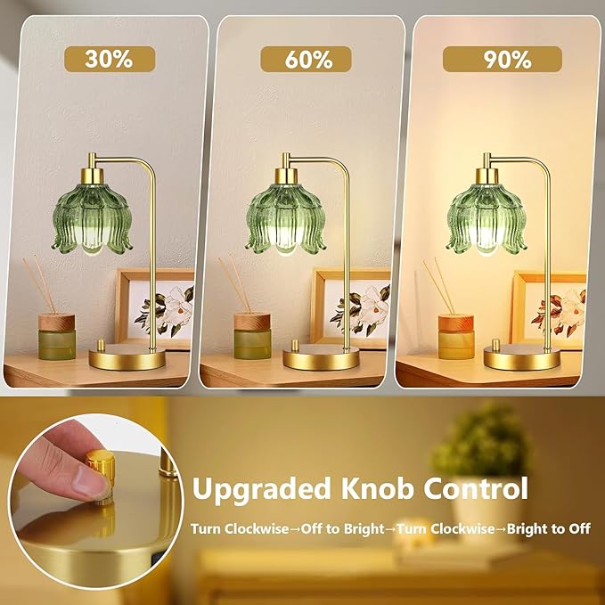 Glass Table Lamp Set of 2,Small Gold Bedside Lamps Dimmable Boho Bedroom Lamp with Tulip Flower Green Lamp Shade,Vintage Mid Century Modern Mini Nightstand Lamp for Bedroom Living Room