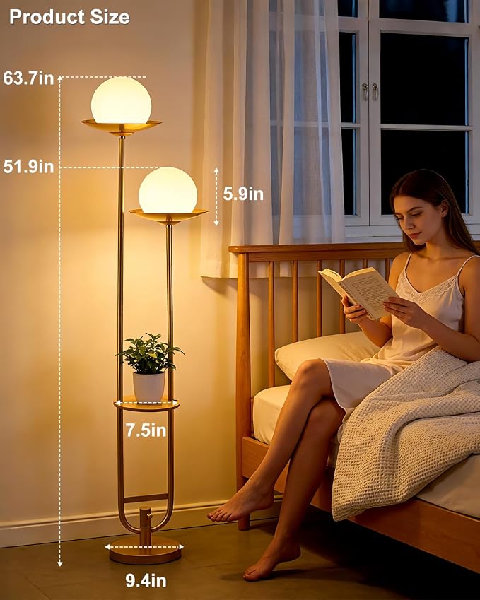 Lightdot 63IN Gold Floor Lamp 2 Globe Mid Century Standing Lamps Dimmable with 3000K Warm White LED Bulbs Unique Vintage Tall Floor Lamp with 5Lbs Heavy Base for Living Room/Wedding/Party