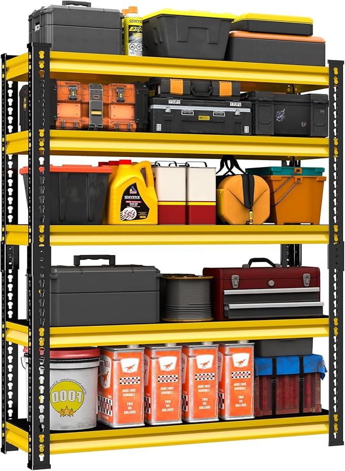 48" W Garage Storage Shelves Heavy Duty, 2800LBS Loads Adjustable Garage Shelving, 5-Tier Metal Shelving Units and Storage Racks, Industrial Utility Shelf,48''Wx18''Dx78''H, Yellow