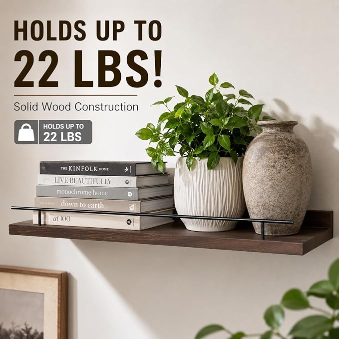 Wood Floating Shelves for Wall Set of 3, Rustic Bathroom Shelves with Guardrail, Wall Mounted Storage Shelves for Bedroom, Living Room and Kitchen