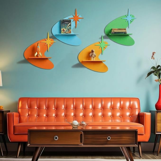 Threehoney Mid-Century Modern Wall Set of 4 Colorful Floating Display Shelves Retro Style Starburst Wall Mounted Shelves Storage for Bedroom, Living Room Decor(Star-Shaped Burst)