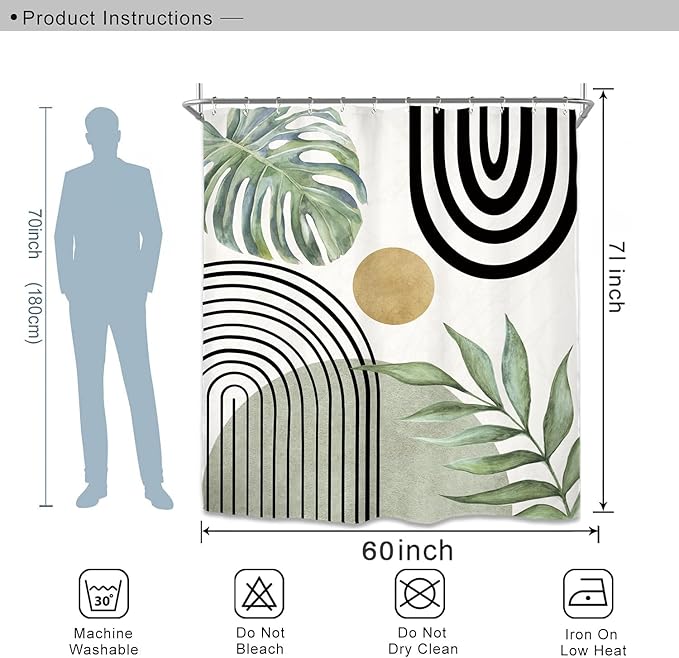 Miyotaa Abstract Light Sage Green Shower Curtain Set 60Wx71H Inches Minimalist Aesthetic Modern Contemporary Plant Leaves Neutral Monstera Mid Century Waterproof Bathroom Curtain with 12 Hooks