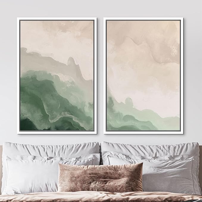 MUDECOR Framed Canvas Print Wall Art Soft Green and Beige Abstract Calming Watercolor Landscape Illustrations Modern Art Decorative Bohemian Chic for Living Room, Bedroom, Office - 16"x24"x2 White