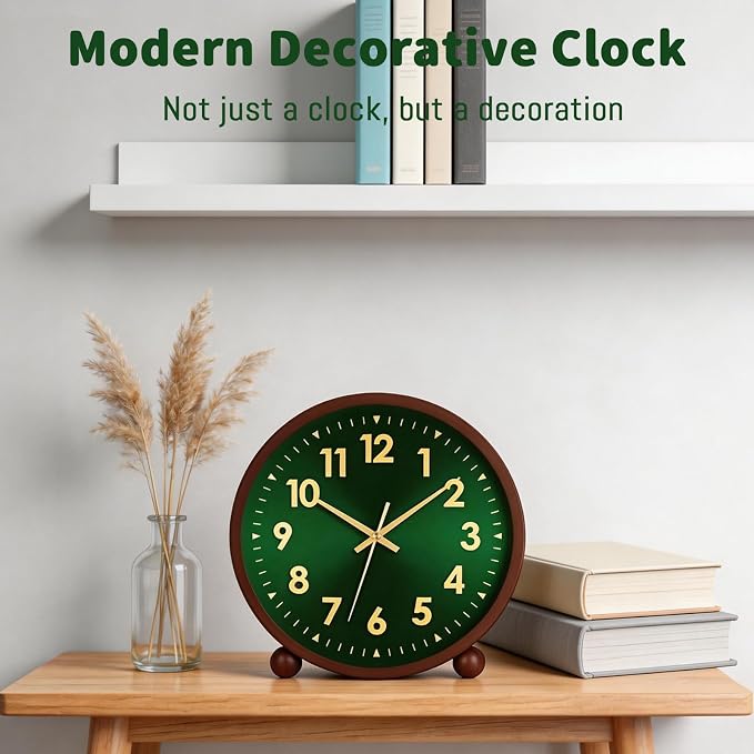Maxspace Wooden Table Clock,8in Silent Non-Ticking Desk Clock, Battery Operated Desktop Analog Clock for Living Room Office Bedroom Decor (Green Gold - Walnut, Wooden Ball Base)