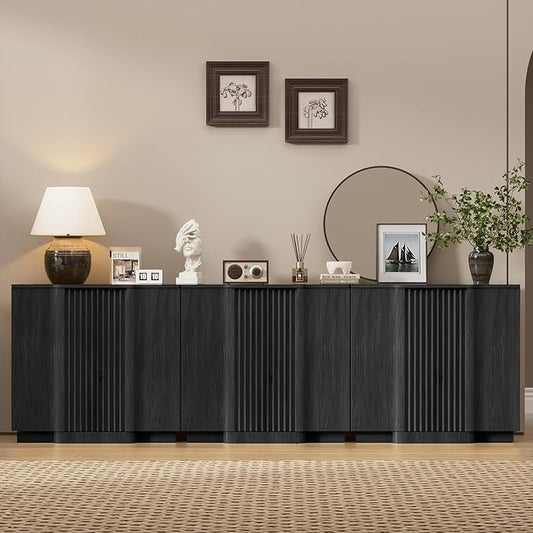 Yechen Buffet Cabinet with Storage, 94.5" Accent Sideboard Modern Credenza Set of 3 with Doors & Adjustable Shelves Fluted Media Console Wood Coffee Bar Table for Living Kitchen Dining Room Black
