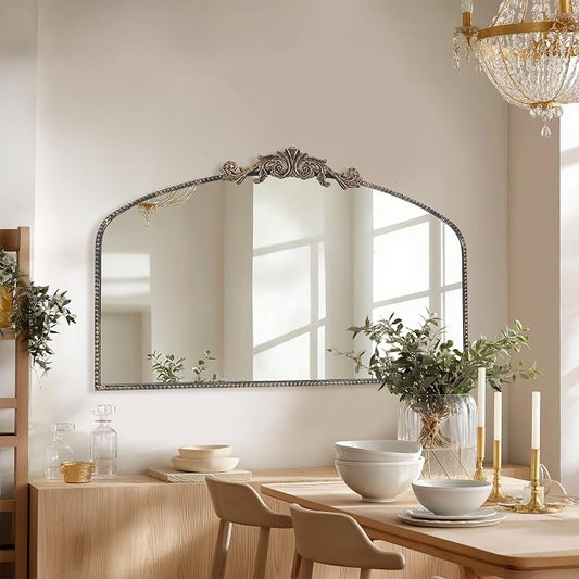 Vintage Black Arched Mirror 48"X30", Large Antique Baroque Mantel Wall Mirror with Black Brush Gold Metal Ornate Frame for Entryway/Fireplace/Living Room/Hallway/Bathroom/Bedroom