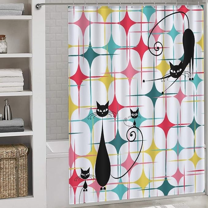 Mid Century Black Cat Shower Curtain,Retro Atomic Stars Abstract Iconic 60s Vintage Geometric Fabric Bathroom Decor Curtain with Hooks 66x72in（168x183cm）