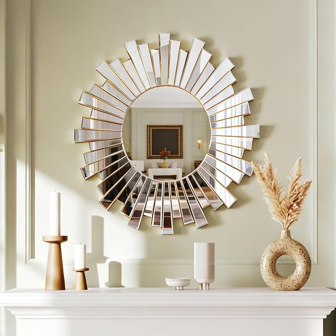 Gold Sunburst Mirror, 26" Sun Mirror Wall Decor with Beveled Glass Frame, Starburst Mirrors for Entryway, Dining Room, Living Room