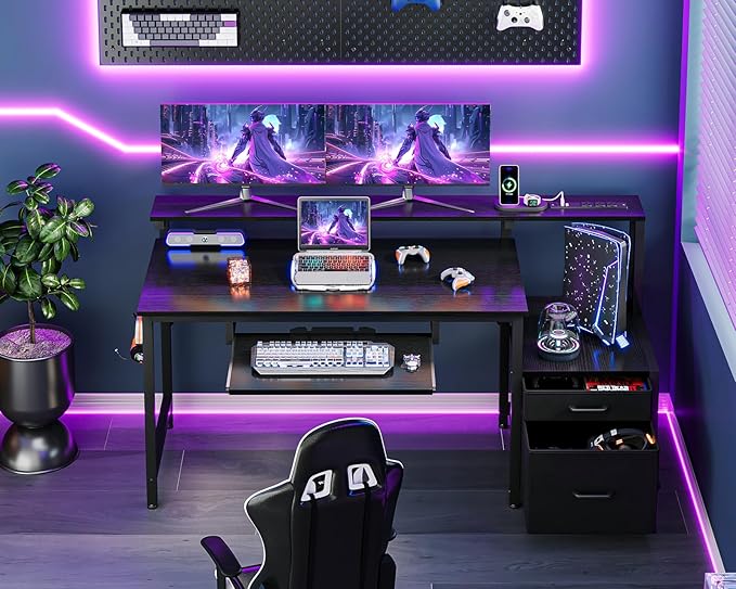 AODK Computer Desk with Drawers, 55" Office Desk with Keyboard Tray and Power Outlet, Reversible Study Work Desk with Printer Space and File Drawers Cabinet for Home Office, Black