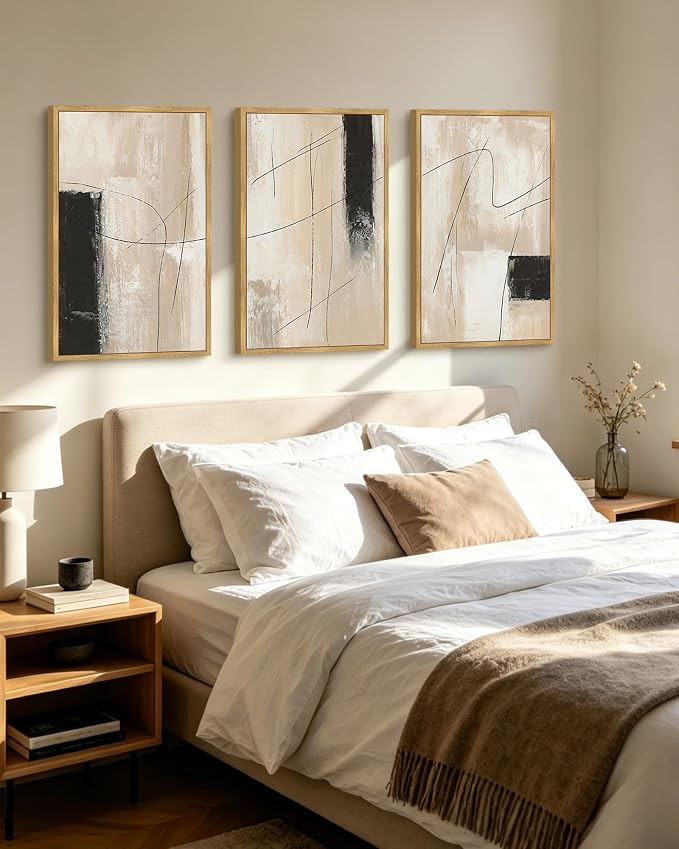 KUVIOKE Abstract Framed Wall Art Minimalist Beige Pastel Watercolor Neutral Wall Decor Modern Black Line Art Painting Home Decor 24x36in (Natural Framed)