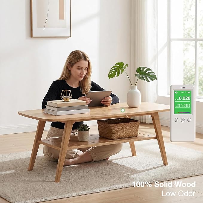 Mid Century Modern Coffee Table: 100% Solid Wood Coffee Table - 2-Tier Storage Design - Practical Coffee Tables for Living Room, Apartment, Easy Assembly (Natural, 39.37")