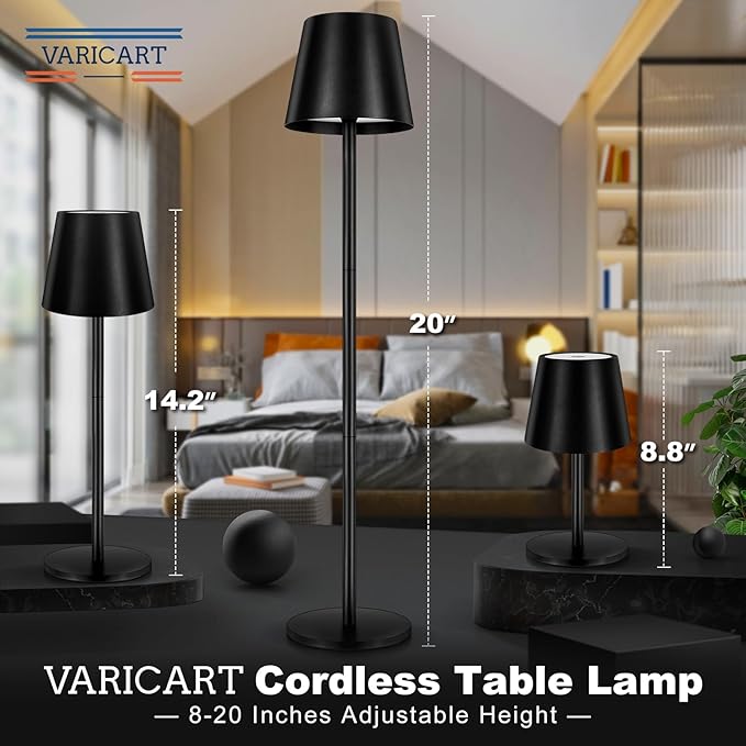 Black Cordless Table Lamp Set of 2 - 8-20 Inches Adjustable Height, 5000mAh Rechargeable Battery LED Desk Lamp, 3 Color Stepless Dimmable, Portable Waterproof Metal Table Light for Indoor/Outdoor