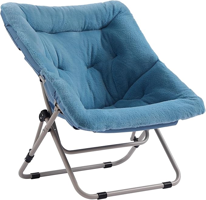 Furlide Saucer Chair, Comfy Bedroom Chairs, Oversized Folding Faux Fur Chair, Foldable Metal Frame Chair for Bedroom, Living Room, Balcony, Patio (Blue)