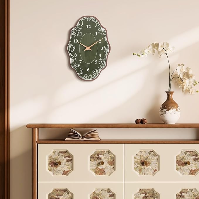 Mid Century Retro Irregular Shape Wall Clock, Silent Non-Ticking Battery Operated, 14 x 9 Inch Vintage Boho Green Art Clock for Living Room, Bedroom, Entryway, Mantel Decor