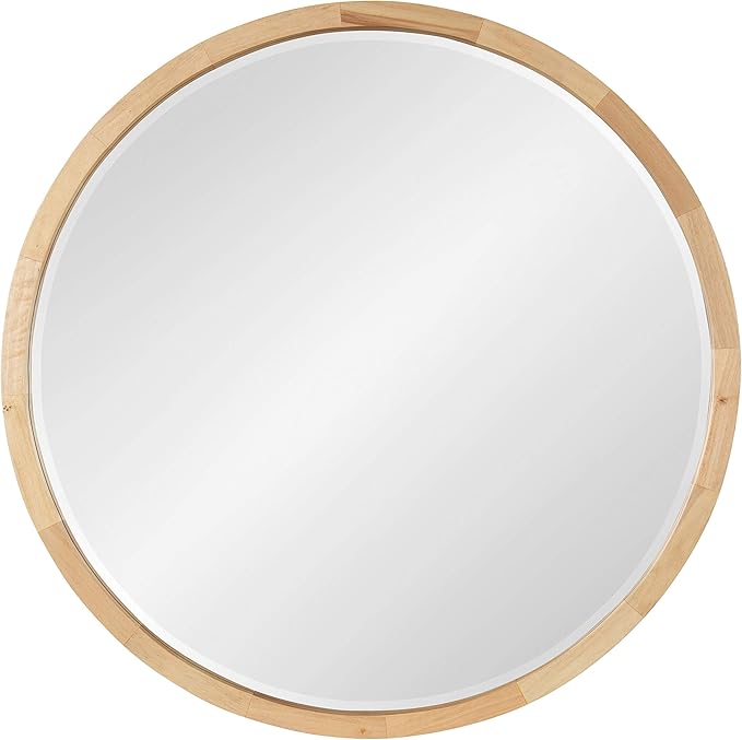 Kate and Laurel McLean Mid-Century Wood Framed Wall Mirror, 24 inch Diameter, Natural, Decorative Modern Round Mirror