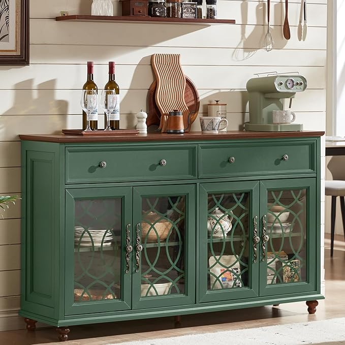 Farmhouse Sideboard Buffet Cabinet Set of 2 with Storage,59" Large Credenza with 4 Glass Door & 2 Drawers,Adjustable Shelves Console Table,Wood Kitchen Coffee Bar for Dining Room,Green