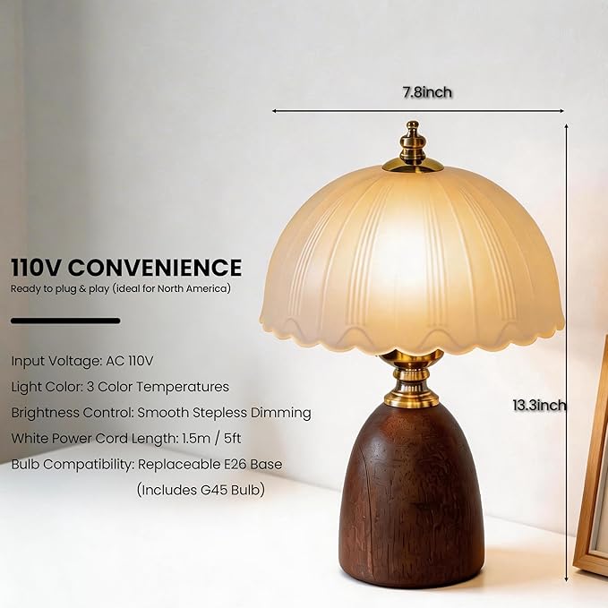 13“ Mid-Century Modern Small Table Lamp, Vintage Scalloped Frosted Glass Bedside Lamp for Bedroom Living Room, Solid Walnut Wood Style Base 3-Color Dimmable LED, Aesthetic Decor Gift