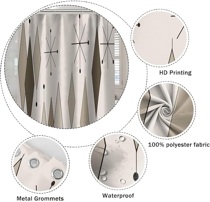 Boho Light Grey Brown Shower Curtain Abstract Mid Century Diamond Geometric Atomic Starburst Pattern Beige for 1950s Retro Bathroom Decor Shower Curtain Set with 12 Hooks, 72x84 Inches