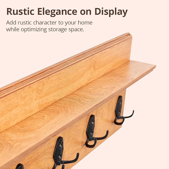 Rustic Wall Mounted Coat Rack with Shelf Wooden Entryway Organizer with 5 Metal Hooks for Coats Hats Towels Keys Floating Storage Shelf for Bathroom Bedroom (Oak, 20 inch (4 Hooks))