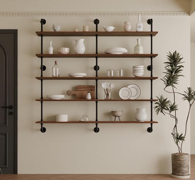 HDDFER Industrial Pipe Shelf Shelving Bookcase, Wall Mounted Rustic Bookshelf 60 Inch, Floating Bookshelves for Wall,Retro Wood Metal Pipe Industrial Shelves for Living Room