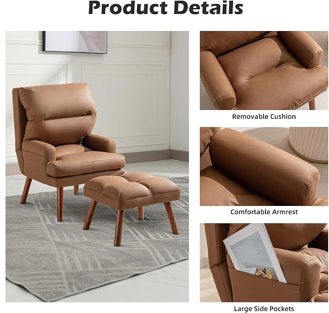 Modern Accent Chair with Storage, Single Sofa Armchair with Plump Back Pillow, Upholstered Comfy Chair for Living Room, Bedroom, Office (Brown)