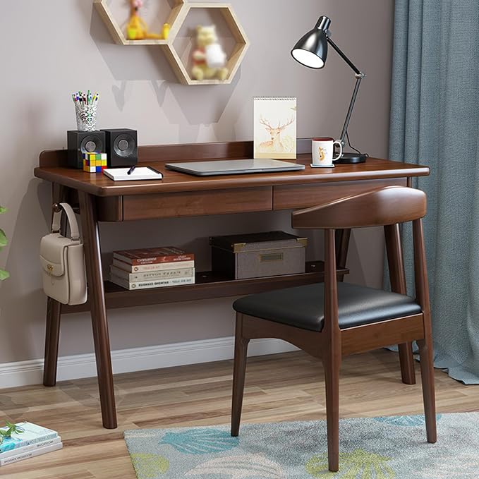 Ytaoka 47" Solid Wood Mid Century Modern Desk with 2 Drawers & 1-Pack Solid Wood Chair Bundle for Home Office or Study Room – Walnut Finish