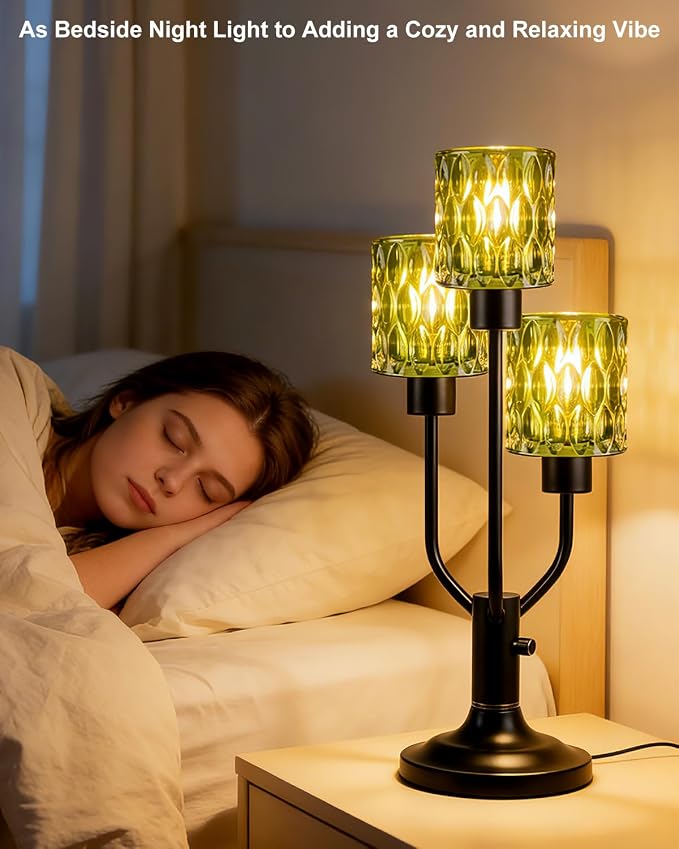 Lightdot Mid Century Modern Table Lamp for Living Room Dimmable Nightstand Lamp Black Vintage Desk Lamp Green Glass 3 Bulbs Included Warmwhite Ambient Bedside Lamp for Bedroom Home Office Decor Gift