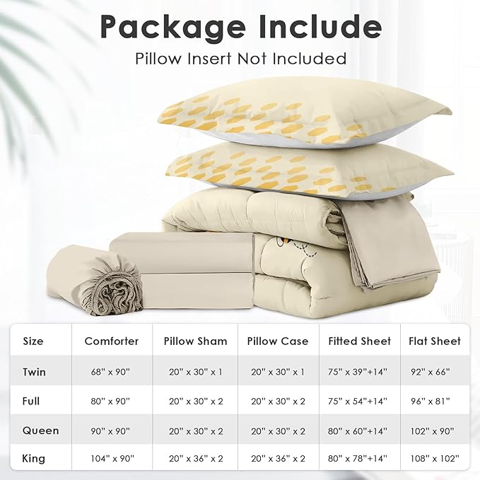 7Pcs Comforter Set Full Size, Honey Bee Themed Yellow Sunflower, Bedding Decor Cute Daisy Flower Bumble Honeycomb Bedroom Bed Set Flat Sheet Fitted Sheet Pillowcases Shams for Kids and Adults