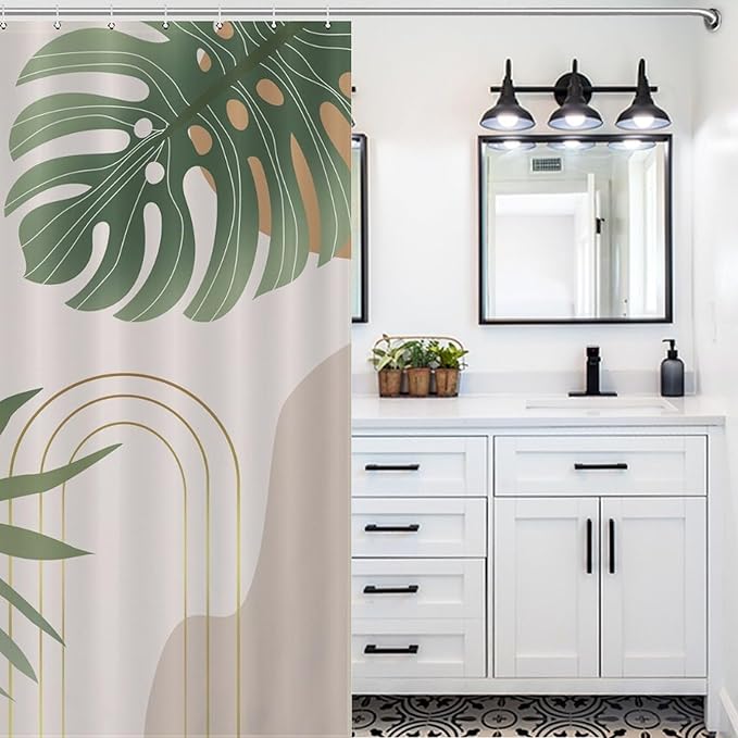Boho Mid Century Shower Curtain,Modern Abstract Plant Botanical Palm Leaf Minimalist Bathroom Curtain Polyester Waterproof Fabric Decor 72x72in（183x183cm）