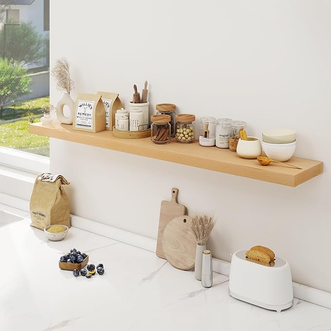 Floating Shelves for Wall, USA-Sourced Beech Wood 55 Inch Long Wall Shelves, Natural Wooden Mounted Picture Ledge Shelf, Nursery Book Storage Shelf Kids Bookshelf, Display Shelf for Bathroom