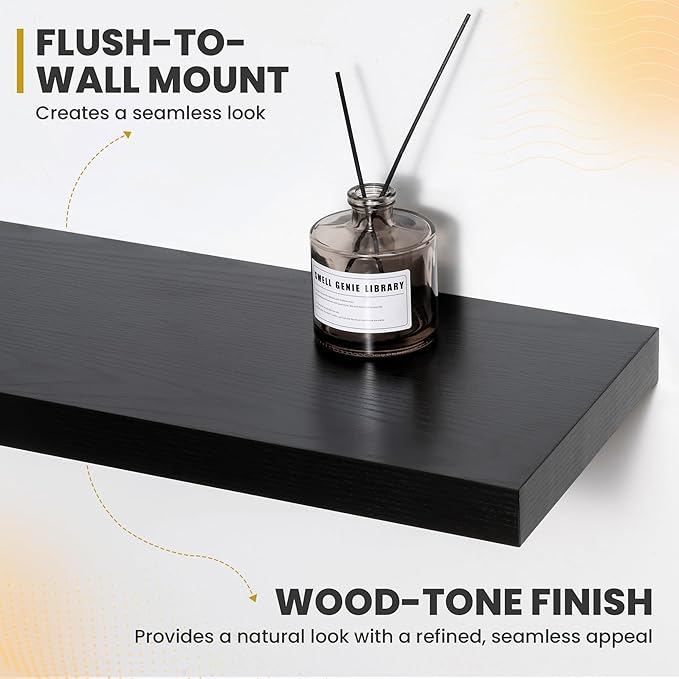 55 Inch Floating Shelves, 9.3" Deep Floating Shelf Wall Mounted, 56" Wall Shelves, Rustic Deep Bookshelf, Large Display Shelves & Storage Shelves for Bedroom, Living Room, Black, Set of 2