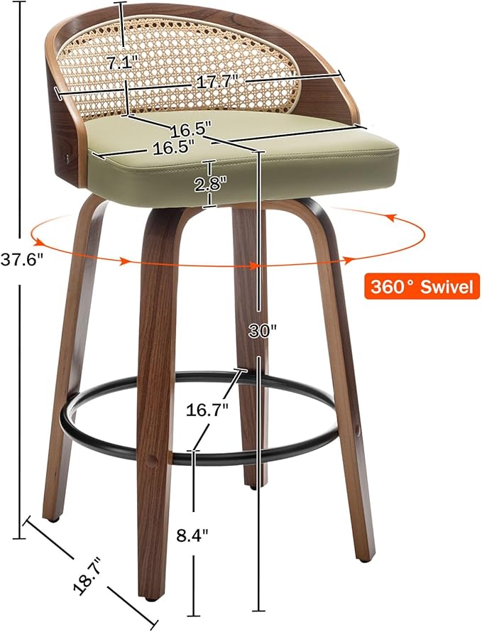 30" Swivel Rattan Bar Stools Set of 2 Mid-Century Modern Faux Leather Upholstered Bar Height Stools Kitchen Island Barstool with Rattan Low Backrest,Walnut Wood Finish Bar Chairs,Green PU