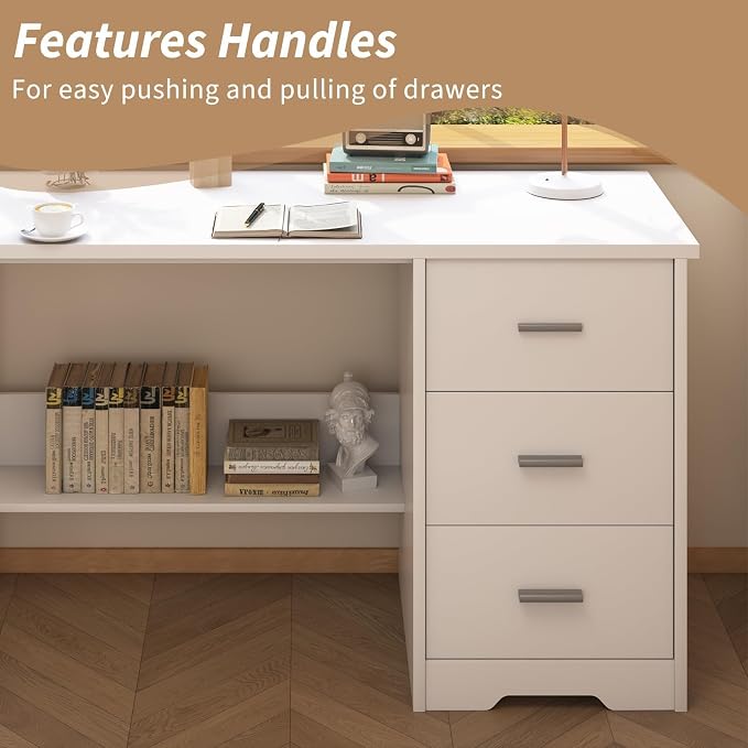 MaverickFurni White Desk with Drawers, 47 Inch Computer Desk with 3 Drawers for Bedroom, Study Desk with Drawers for Small Spaces, Bottom Shelves