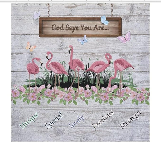 Flamingo Shower Curtain,Summer Beach Tropical Leaves Butterflys Floral with Inspirational Quotes Waterproof Shower Curtains for Bathroom Decor 12 Pack Hooks 72x72in (183x183cm)
