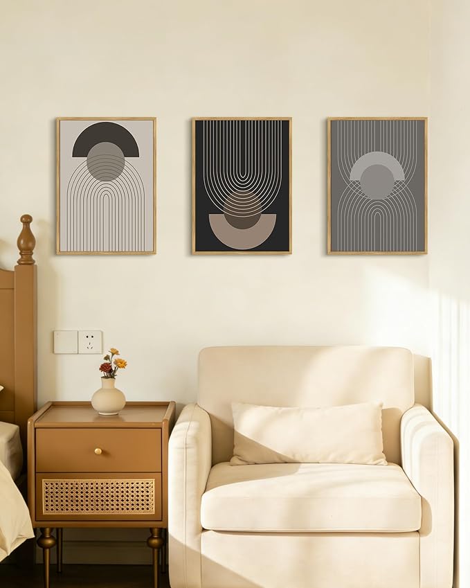 Boho Vintage Line Wall Art Framed Mid Century Bohemain Wall Decor Abstract Modern Artwork Home Office Living Room Prints Ready to Hang 11x14in Natural Framed