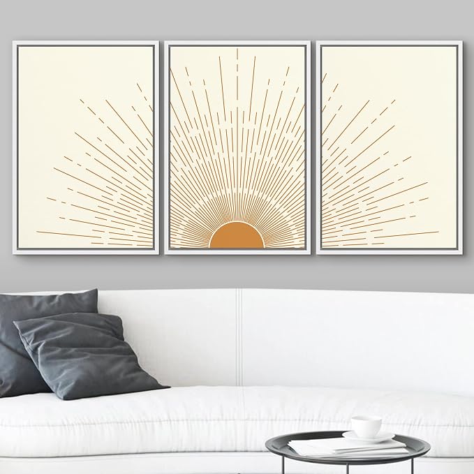 wall26 Framed Canvas Print Wall Art Set Boho Mid-Century Orange Minimal Shining Sun Galaxy Nature Abstract Illustrations Modern Bohemian Decorative for Living Room, Bedroom, Office - 16"x24"x3 White