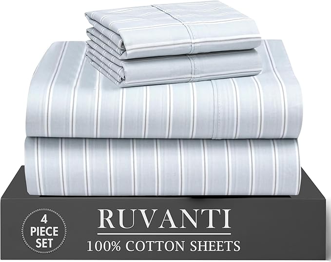 RUVANTI 100% Cotton Percale Sheets Twin Size 4 Piece Set, Cooling Bed Sheets for Hot Sleepers, Deep Pocket 16”, Breathable Lightweight & Durable, Crisp Hotel Style Sheets, Horizon Stripes