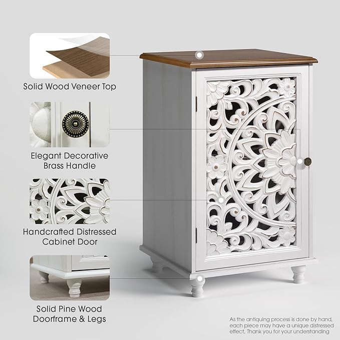 Small Accent Cabinet with Carved Mandala Door, White Storage Cabinet with Solid Wood Legs & Adjustable Shelf, Boho Distressed End Table for Living Room, Bedroom, Entryway Side Table
