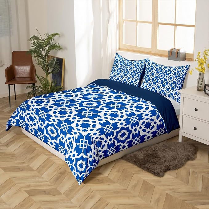 Erosebridal Blue Geometric Floral Comforter Cover Full for Kids Boys Girls,Elegant Retro Floral Duvet Cover,Abstract Flower Art Bedding Set,Modern Aesthetic Bed Set with 2 Pillowcases Bedroom Decor